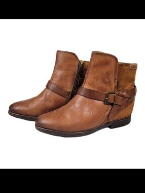 Pikolinos Womens Ordino Brown Leather Ankle Boots Size 38 Low Heel Buckle 8 US*